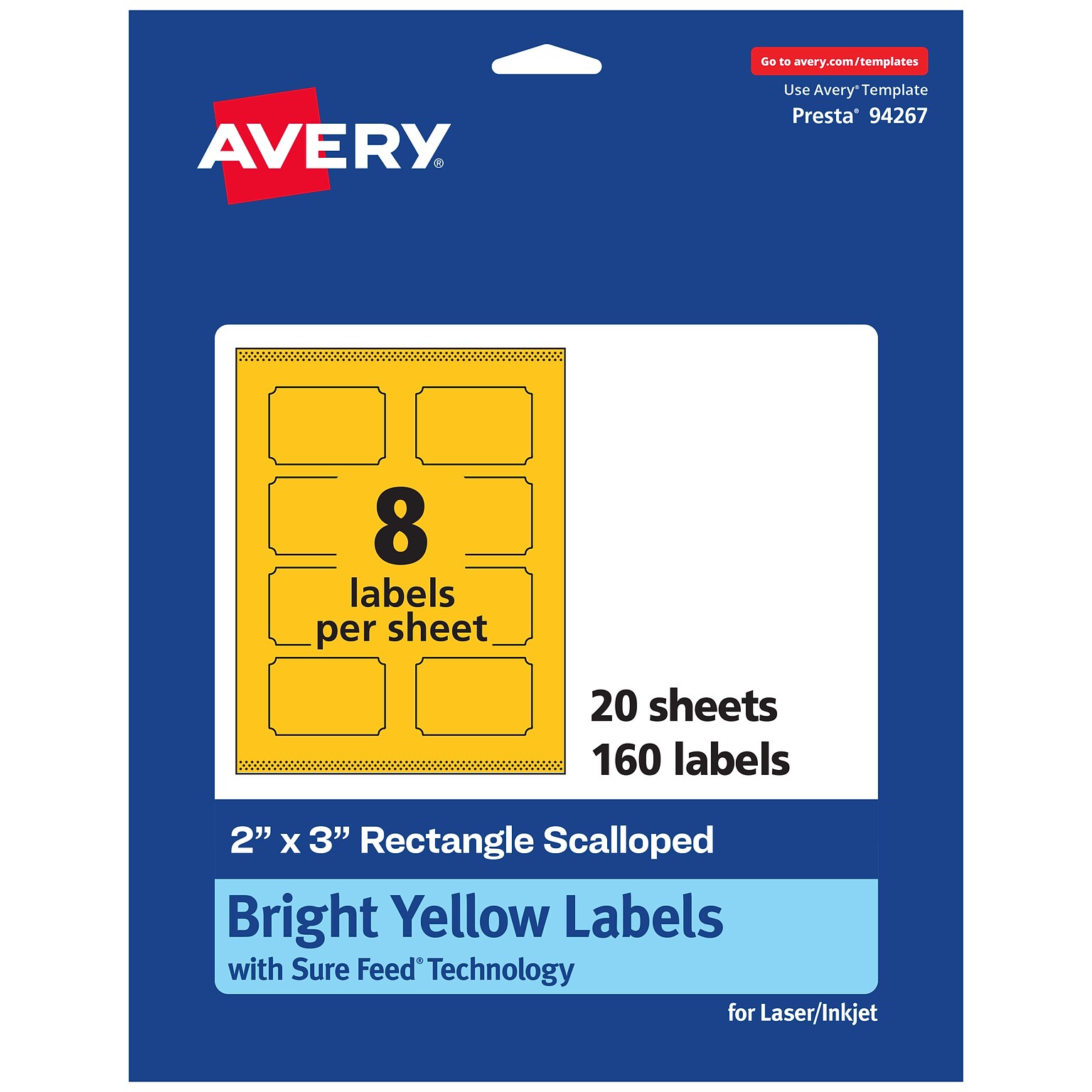 Avery Laser/Inkjet Rectangle Scalloped Multipurpose Labels, 2 x 3, Bright Yellow, 160/Pack (94267)