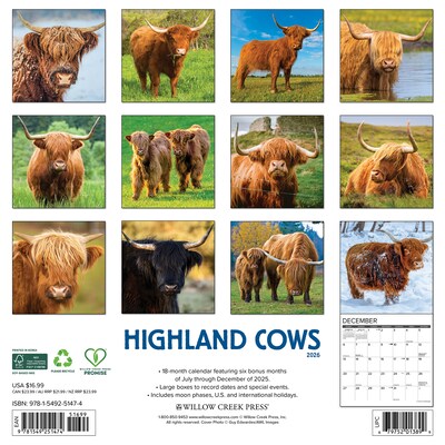 2026 Willow Creek Highland Cows 12 x 12 Monthly Wall Calendar (51474X)