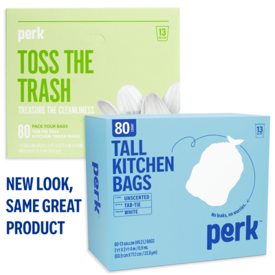 Perk™ 13 Gallon Kitchen Trash Bag, 28 x 24, Low Density, 0.9 mil, White, 80 Bags/Box (PK56749)