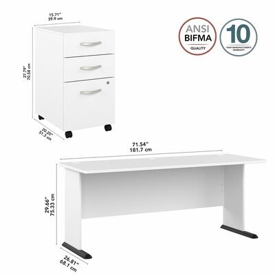 Bush Business Furniture Studio A 72"W Computer Desk with 3 Drawer Mobile File Cabinet, White (STA004WHSU)