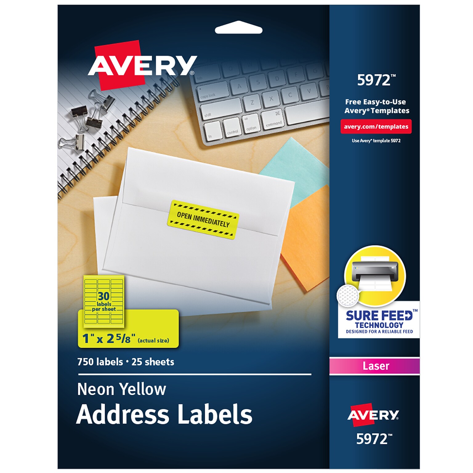 Avery Sure Feed Laser Address Labels, 1 x 2 5/8, Neon Yellow, 750 Labels/Pack (5972)