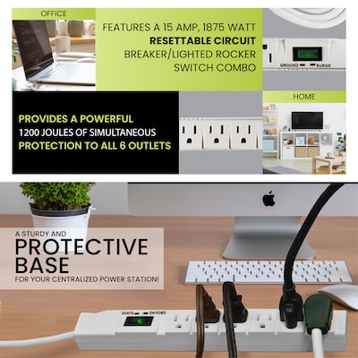 GoGreen Power 15' Surge Protector, 6 Outlets, White (GG-16315-15)