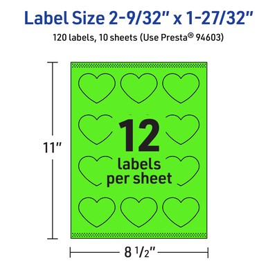 Avery Heart Shaped Laser/Inkjet Multipurpose Labels, 2-9/32" x 1-27/32", Neon Green, 120/Pack (94603)