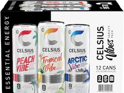 Celsius Sugar-Free Peach Vibe, Tropical Vibe, Arctic Vibe Variety Pack Sparkling Energy Drink, 12 fl