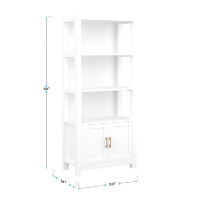 Martha Stewart Hutton 68" 4-Shelf Shaker Style Bookcase w/ Cabinet, White Engineered Wood/Polished Brass Hardware (ZG053WHGLD)