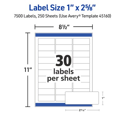 Avery Sure Feed Laser Address Labels, 1" x 2 5/8", Matte White, 30 Labels/Sheet, 250 Sheets/Box, 7500 Labels/Box (45160)