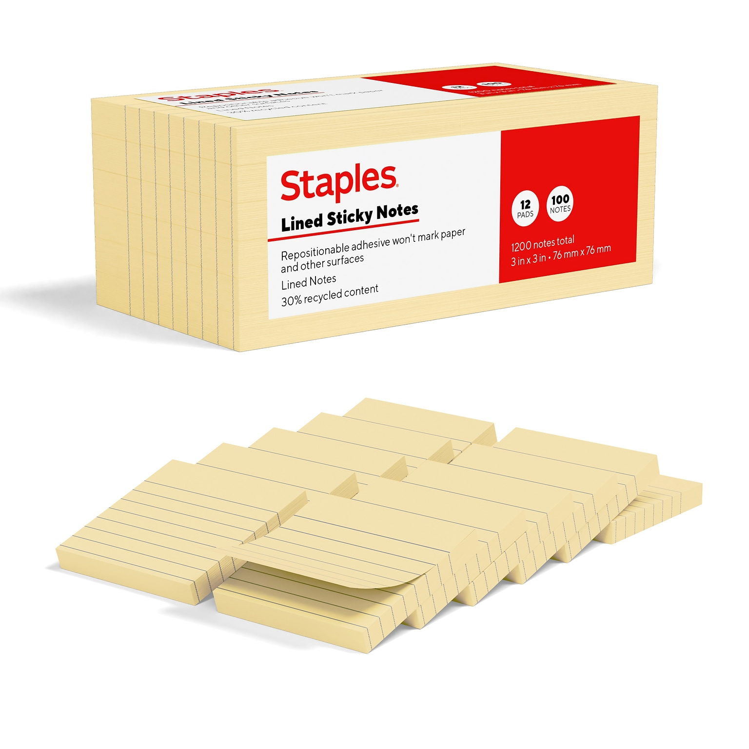 Staples Sticky Notes, 3 x 3, Sunshine Collection, Lined, 100 Sheets/Pad, 12 Pads/Pack (ST62869)