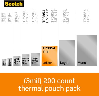 Scotch Thermal Laminating Pouches, Letter Size, 3 Mil, 200/Pack (TP3854-200)