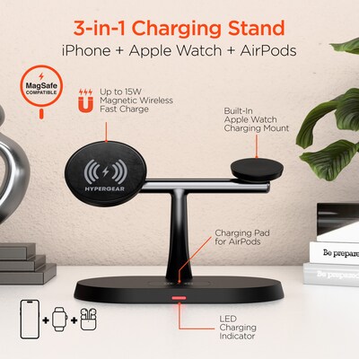 HyperGear MaxCharge Pro 3-in-1 Wireless Charging Stand with Magnetic Wireless Fast Charge, 15W, Black (16189)