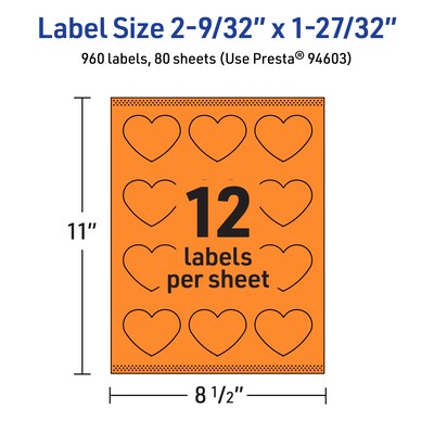 Avery Heart Shaped Multipurpose Labels, 2-9/32" x 1-27/32", Bright Orange, 960/Box (94603)