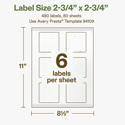 Avery Square Laser/Inkjet Multipurpose Labels, 2-3/4" x 2-3/4", Off-White (480/Box)