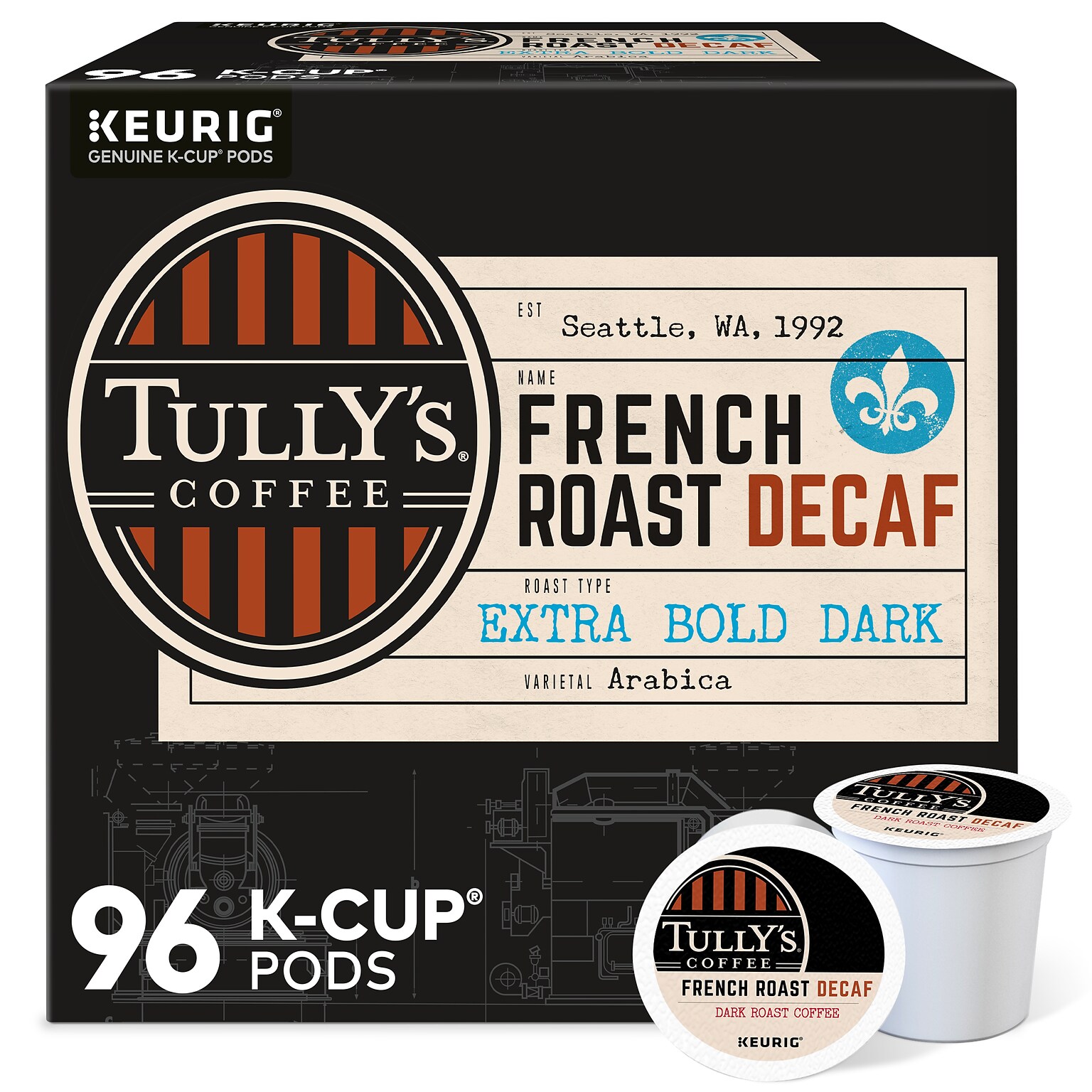 Tullys French Roast Decaf Coffee Keurig® K-Cup® Pods, Dark Roast, 96/Carton (700282)