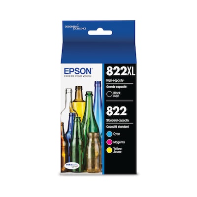 Epson T822XL/T822 Black High Yield and Cyan/Magenta/Yellow Standard Yield Ink Cartridges, 4/Pack (T8