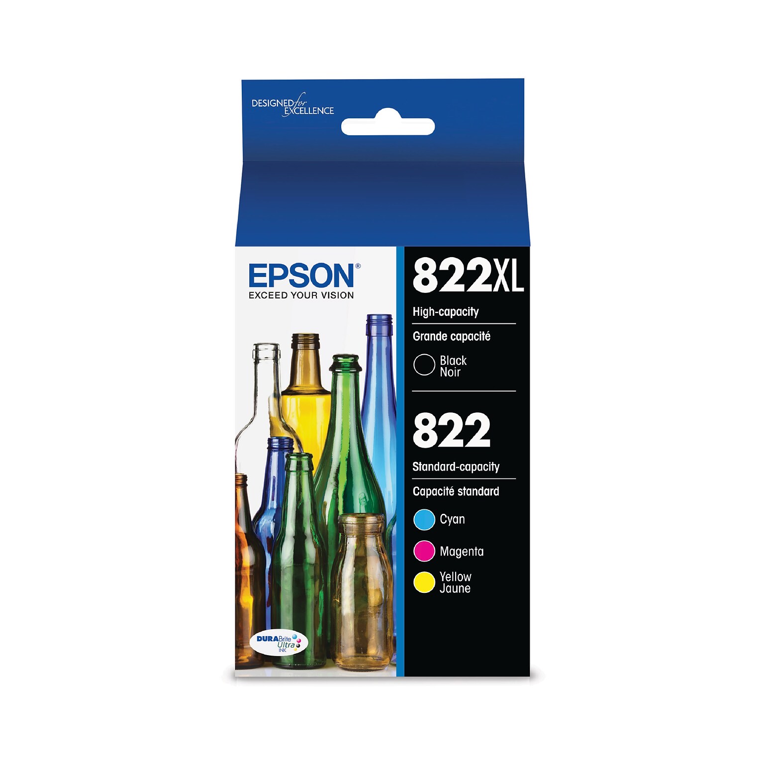 Epson T822XL/T822 Black High Yield and Cyan/Magenta/Yellow Standard Yield Ink Cartridges, 4/Pack (T822XL-BCS)