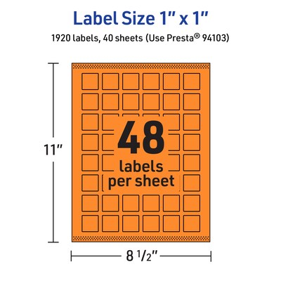 Avery Laser/Inkjet Multipurpose Square Labels, 1" x 1", Bright Orange, 1920/Pack (94103)