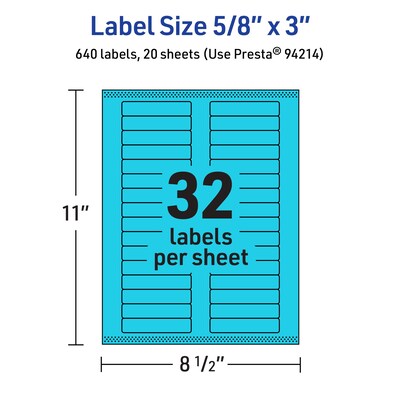 Avery Printable Rectangle Multipurpose Labels, 5/8" x 3", Bright Blue, 640/Pack (94214)