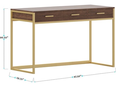 Martha Stewart Ollie 47"W Home Office Desk with 3 Drawers, Walnut/Polished Brass (ZGZP028BRGLD)