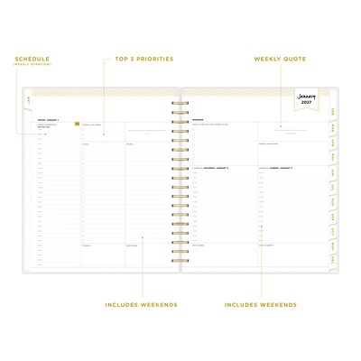 2027 Blue Sky Day Designer Rugby Stripe 8 x 10 Calendar Year Daily & Monthly Planner, Plastic Cover, Black/White (142098-27)