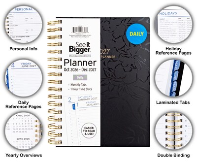 2026-2027 Overland Travelware 1.25" x 7" Calendar Year Daily Standard Planner, Paperboard Cover, Black Floral (90698)