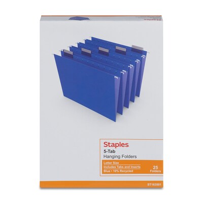 Staples® Hanging File Folders, 1/5-Cut Tab, Letter Size, Blue, 25/Box (ST163501-CC)