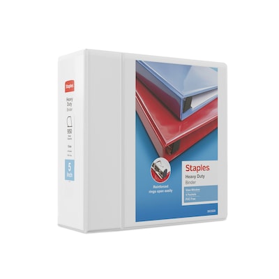 Staples Heavy Duty 5 3-Ring View Binder, D-Ring, White (ST56267-CC)