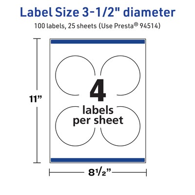 Avery TrueBlock Laser/Inkjet Circle Multipurpose Labels, 3.5" Dia., White, 100/Pack (94514)