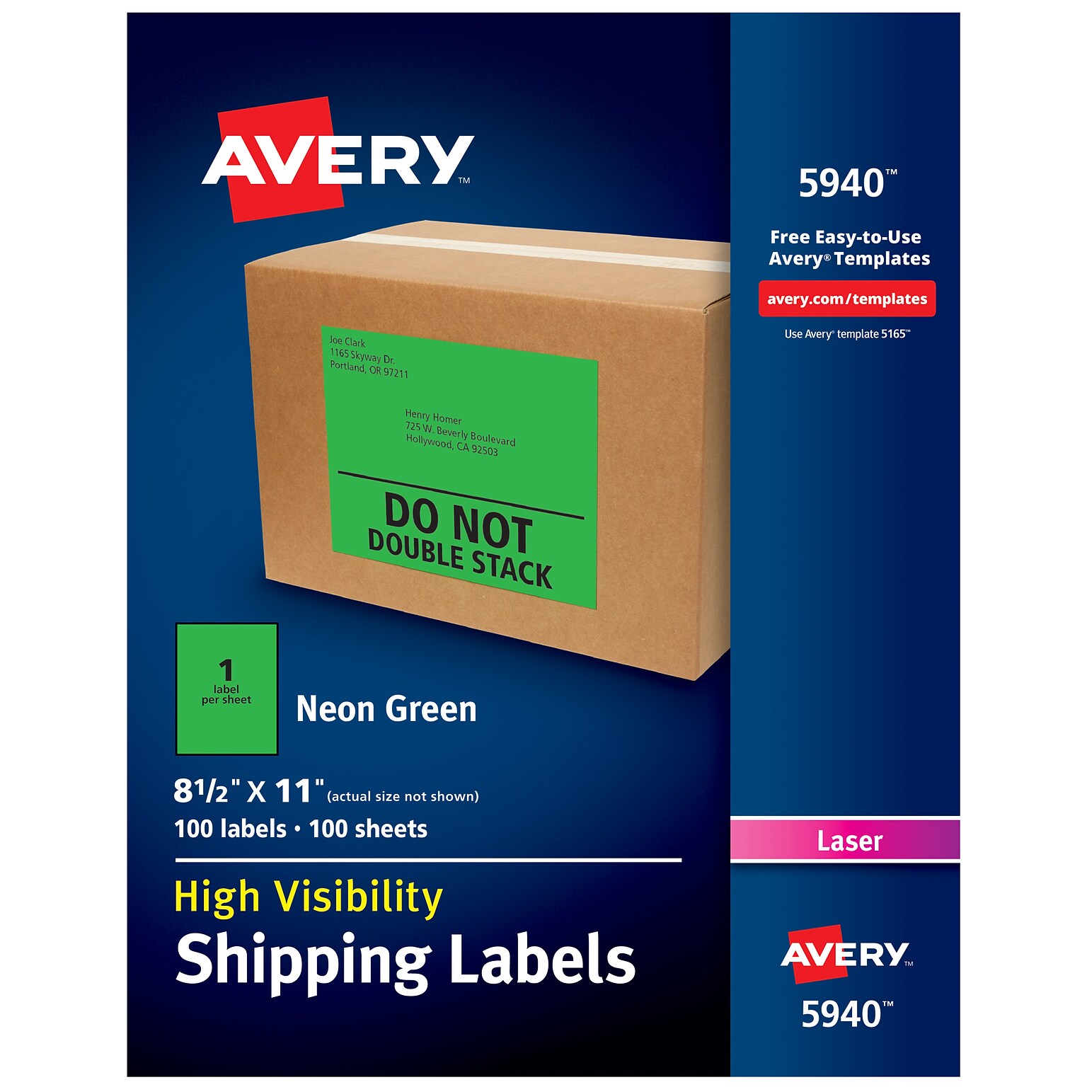Avery Laser Shipping Labels, 8-1/2 x 11, Neon Green, 100 Labels/Box (5940)