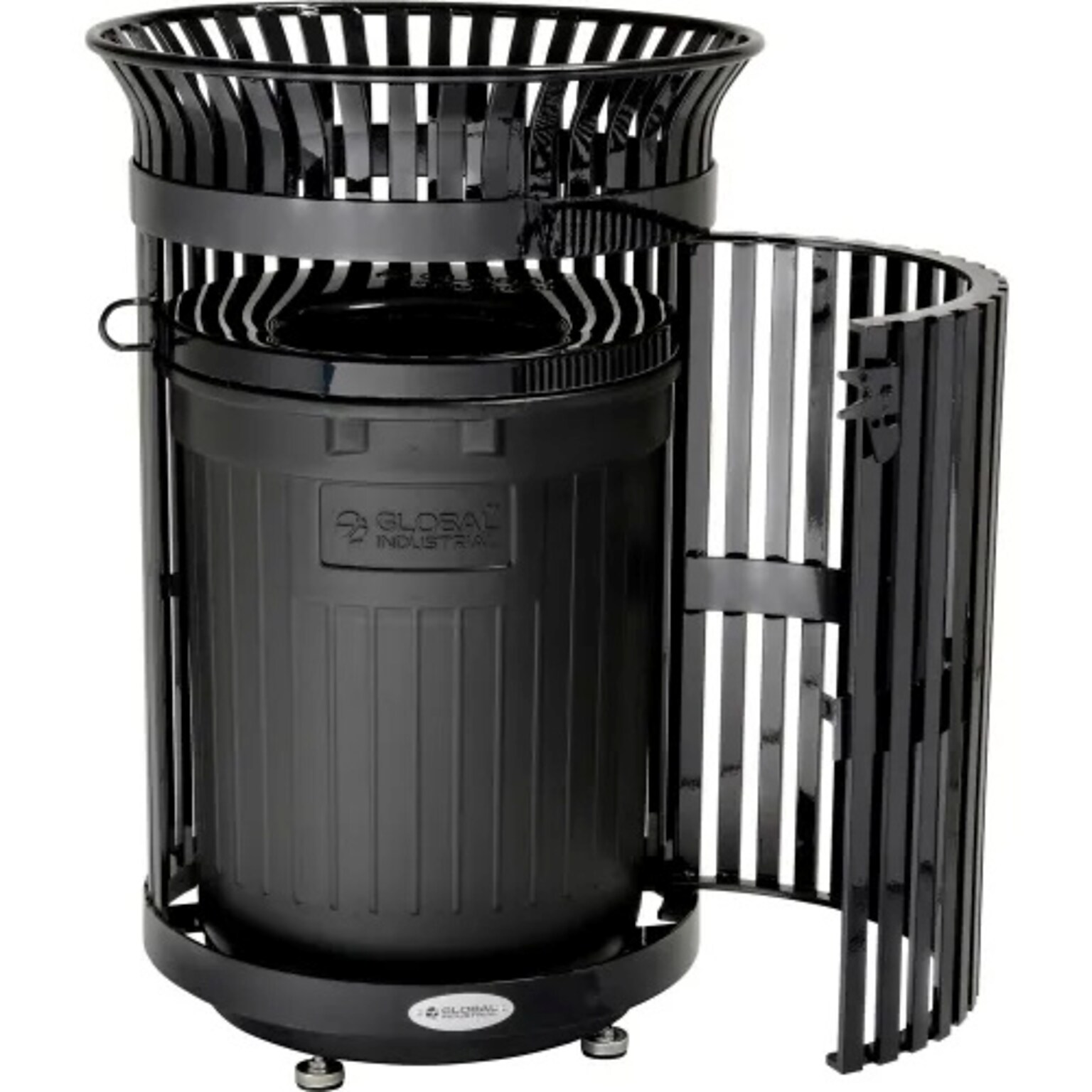 Global Industrial Outdoor Heavy-Duty Slatted Steel Trash Can w/ Door, 36 Gal., Black (641630BK)