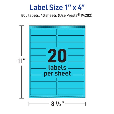 Avery Printable Rectangle Multipurpose Labels, 1" x 4", Bright Blue, 800/Pack (94202)