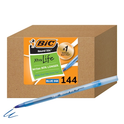 BIC Round Stic Xtra Life Ballpoint Pen, Medium Point, Blue Ink, 144/Pack (GSM144AZ-BLU)