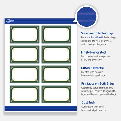 Avery Gold-Green Border Matte Blank Card, White, 80/Pack (S00-FDE)