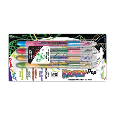 Pentel Arts Krazy Pop Iridescent Gel Pen, 1.0mm Bold line, Assorted Ink, 4 Per Set, 3 Sets (PTAK91PABP4M3-3)