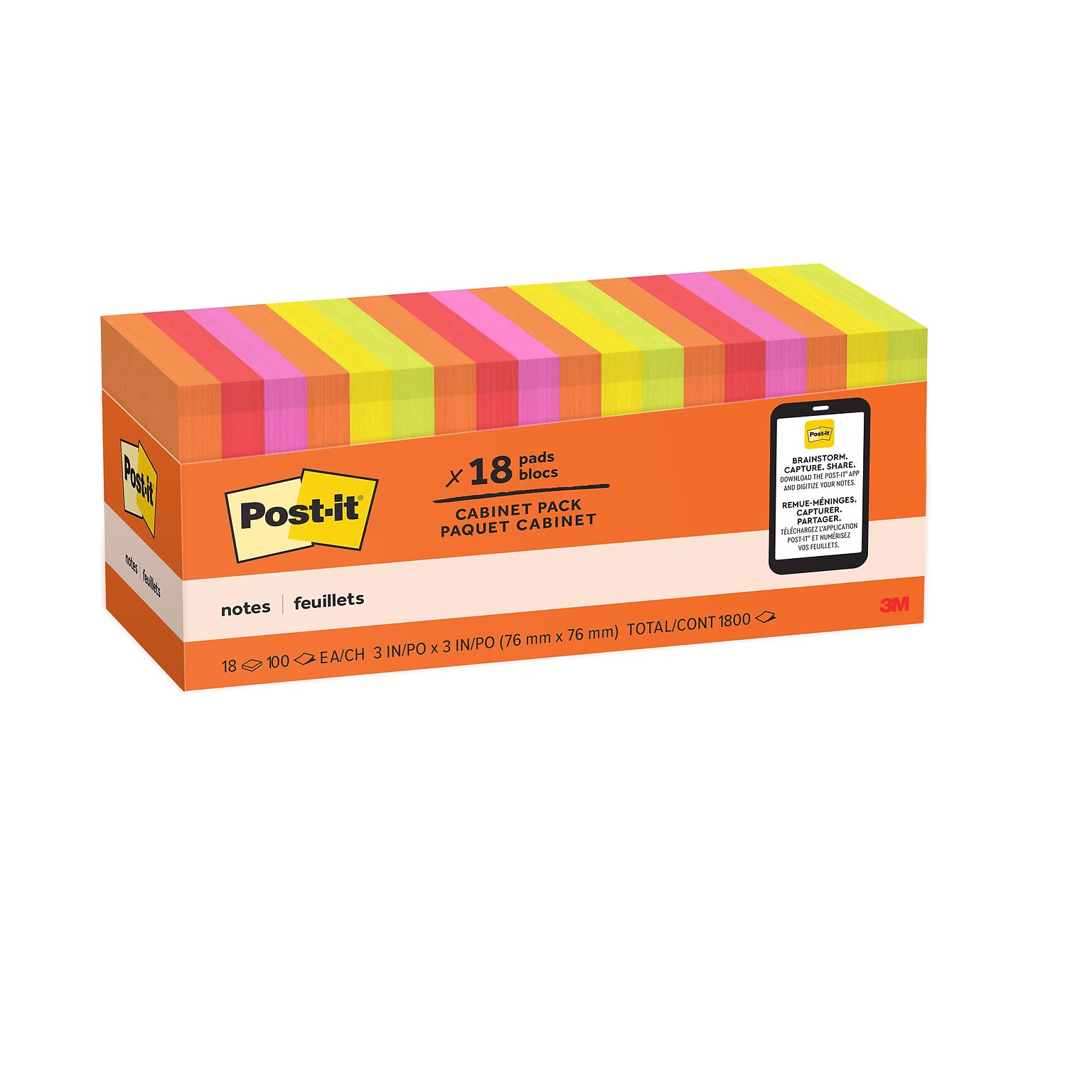 Post-it Notes, 3 x 3, Sunburst Collection, 100 Sheet/Pad, 18 Pads/Pack (654-18SUN-CP)