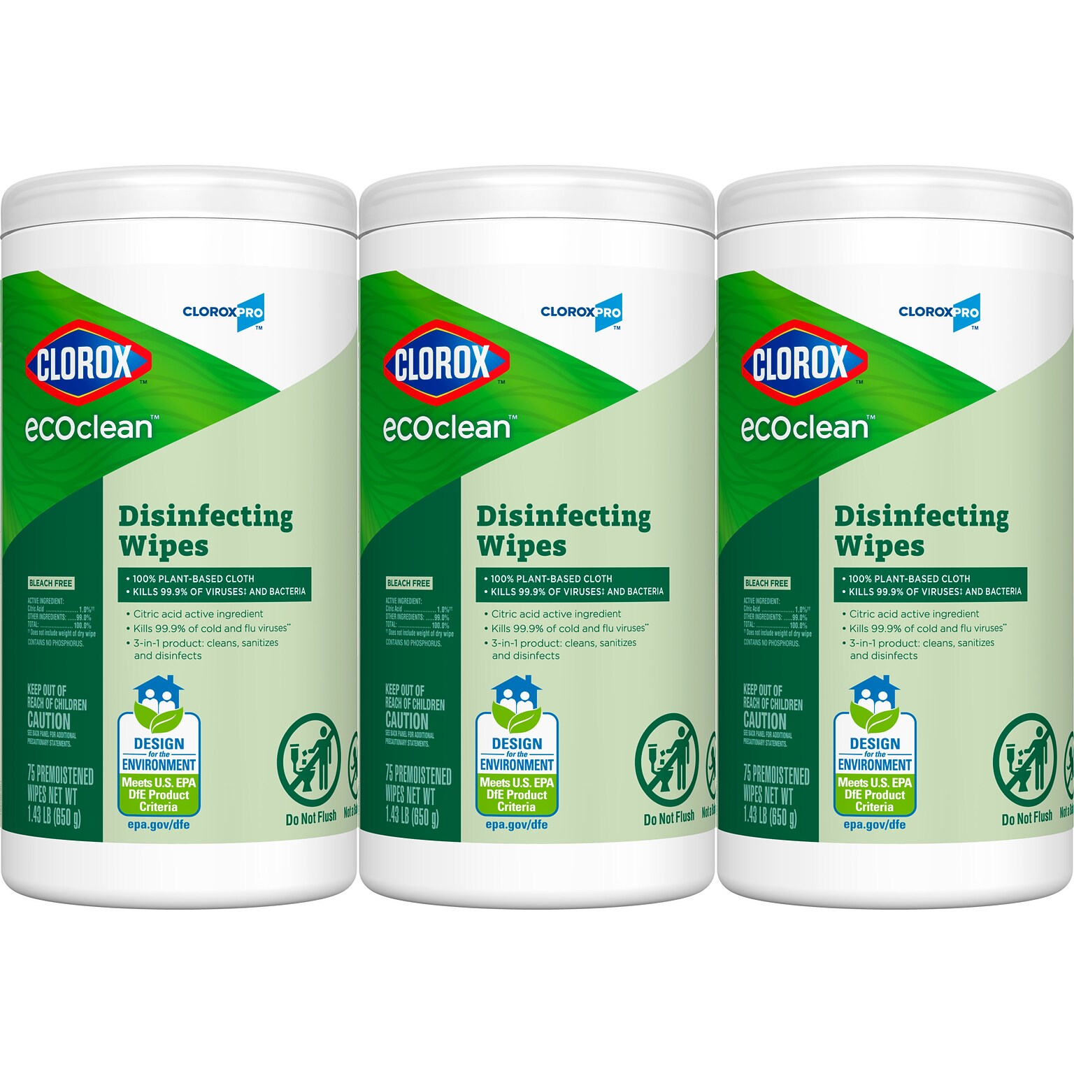 CloroxPro Clorox EcoClean Disinfecting Wipes, 75 Wipes/Container, 3/Pack (60787)