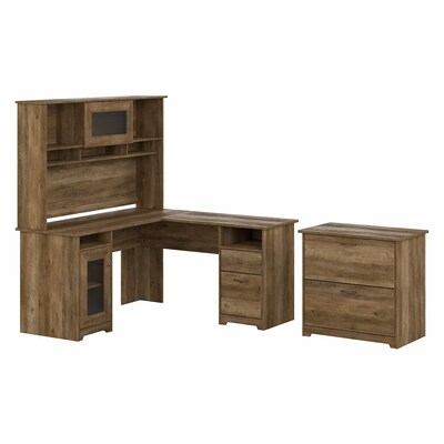 Bush Furniture Cabot 60"W L Shaped Computer Desk with Hutch and Lateral File Cabinet, Reclaimed Pine (CAB005RCP)