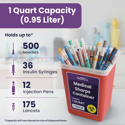 ProHeal Small Sharps Containers for Home Use,  1 Quart Needle Disposal Portable for Biohazard Medical Waste, 10/Pack (PH-16384H)