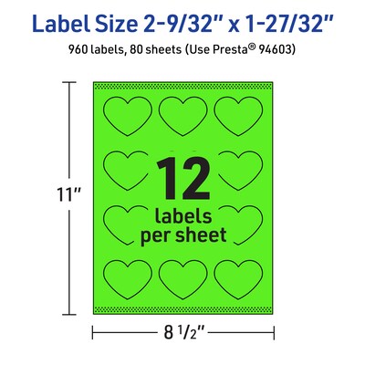 Avery Heart Shaped Laser/Inkjet Multipurpose Labels, 2-9/32" x 1-27/32", Neon Green, 960/Box (94603)