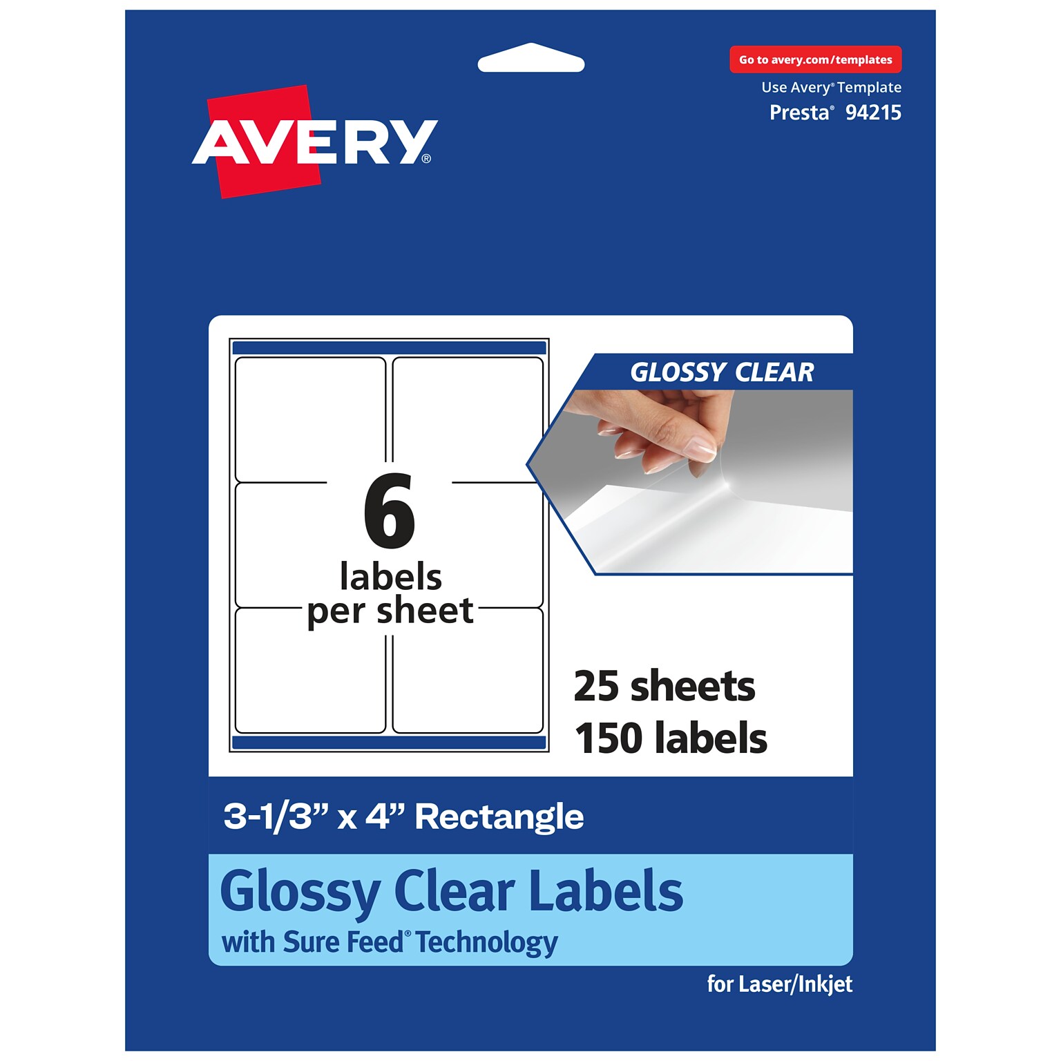 Avery Laser/Inkjet Multipurpose Labels, 3 1/3 x 4, Clear, 6 Labels/Sheet, 25 Sheets/Pack (94215-CGF25)