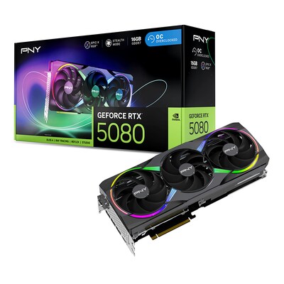 PNY NVIDIA GeForce RTX 5080 EPIC-X ARGB OC Triple Fan PCIe 5.0 16GB GDDR7 Gaming Graphics Card, 2295 MHz Core, Black