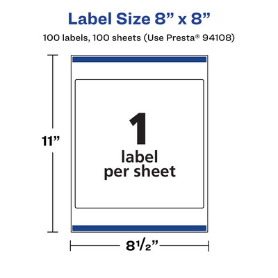 Avery Laser/Inkjet Multipurpose Square Labels, 8" x 8", White, 100 Labels/Box (94108)