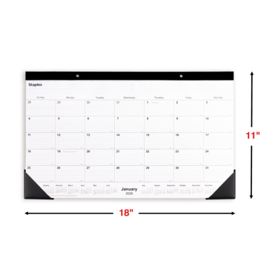 2026 Staples 18" x 11" Monthly Desk Pad Calendar, White/Black (ST17392-26)