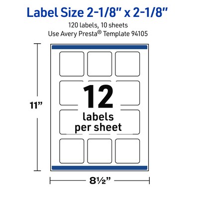 Avery Waterproof Square Laser Multipurpose Labels, 2-1/8" x 2-1/8", White, 120/Pack (19479399476)