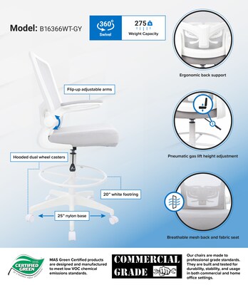 Boss Flip Arm Mesh/Fabric Stool with Footrest and Lumbar Support, Gray/White (B16366WT-GY)