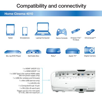 Epson Home Cinema 4010 4K PRO-UHD 3-Chip HDR Projector, White