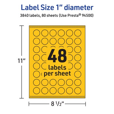 Avery Laser/Inkjet Round Multipurpose Labels, 1" Dia., Bright Yellow, 3840/Box (94500)