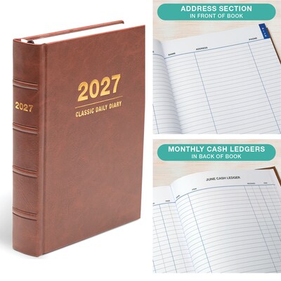 2027 Excello Brands 7.3" x 8.5" Daily Standard Planner, Paperboard Cover, Brown Leather (CD68-CY27-BN-L)