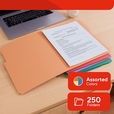 Staples File Folders, Letter Size, 1/3-Cut Tabs, Assorted Positions, Assorted Colors, Heavy-Duty Paper Stock, 250/Pack