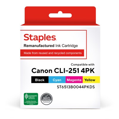 Staples Remanufactured Black/Cyan/Magenta/Yellow Standard Yield Ink Cartridge Replacement for Canon CLI-251 (ST6513B004), 4/Pack