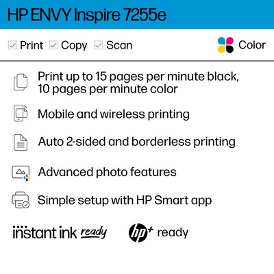 HP ENVY Inspire 7255e Wireless Color Inkjet Printer, All-In-One, Print, Scan, Copy (1W2Y9A#B1H)