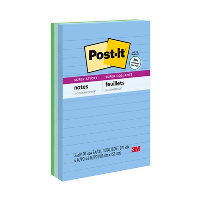 Post-it Recycled Super Sticky Notes, 4 x 6, Oasis Collection, Lined, 90 Sheets/Pad, 3 Pads/Pack (6